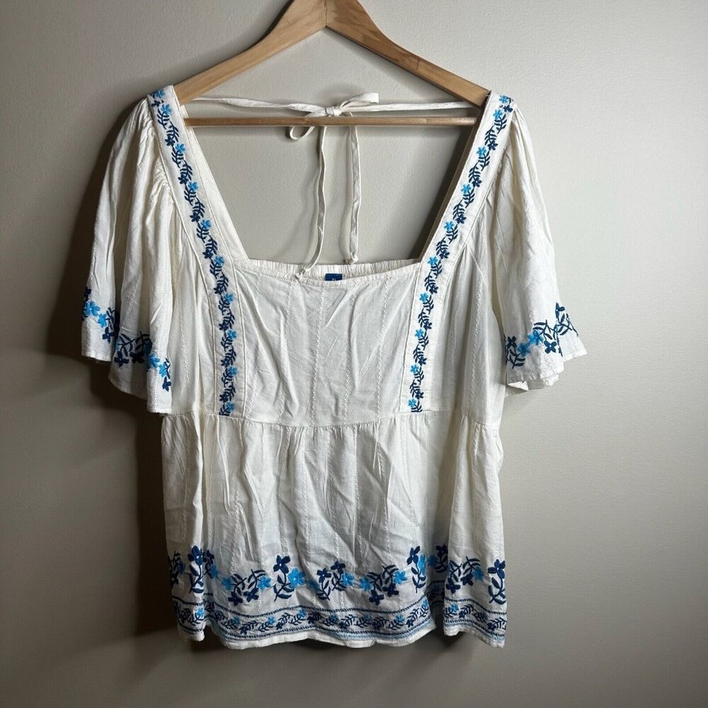 Old Navy White Peasant Blouse with Blue Embroidery